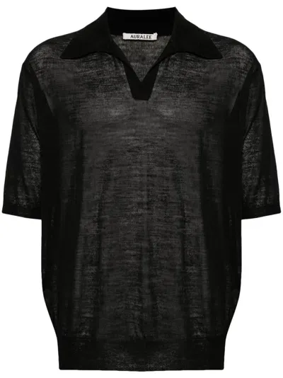 Auralee Wool And Silk Blend Polo Shirt In Black