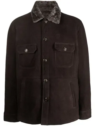 Barba Shearling-collar Suede Shirt Jacket In Brown