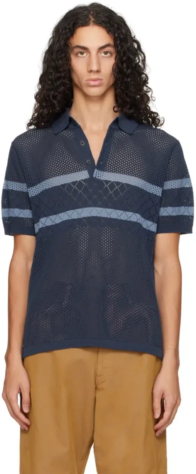 Beams Navy Mesh Stripe Polo In Navy79