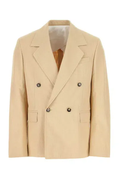 Bottega Veneta Double Breasted Textured Jacket In Beige