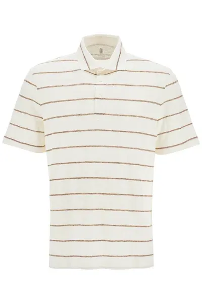 Brunello Cucinelli Striped Linen And Cotton Polo Shirt In White