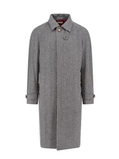 Brunello Cucinelli Wool Coat With Herringbone Motif In Grey