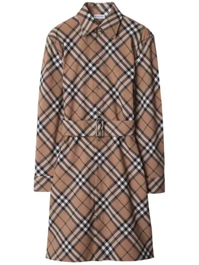 Burberry Check Wool Blend Chemisier Dress In Beige