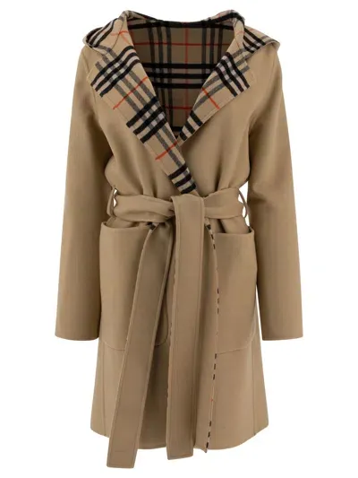 Burberry Reversible Car Coat In Check Wool In Brown