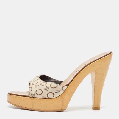 Pre-owned Celine Beige/brown Logo Print Canvas Platform Slide Sandals Size 37