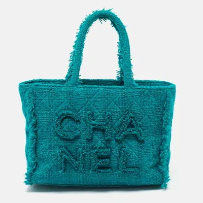 Pre-owned Chanel Green Tweed Medium Shopper Tote