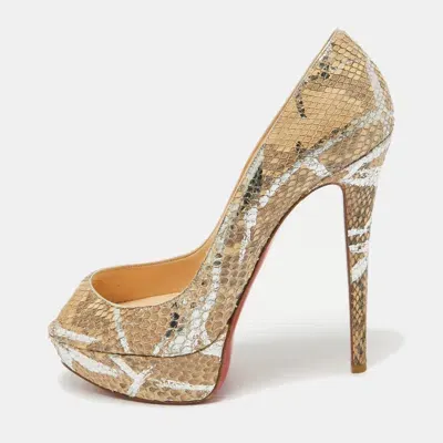 Pre-owned Christian Louboutin Beige/silver Python Lady Peep Toe Pumps Size 38