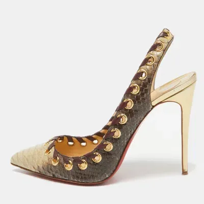 Pre-owned Christian Louboutin Grey/beige Python Ostri Slingback Pumps Size 40.5