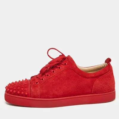 Pre-owned Christian Louboutin Red Suede Louis Junior Spikes Low Top Sneakers Size 43.5