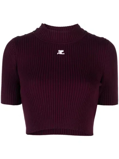 Courrèges Logo-patch Ribbed Blouse In Purple