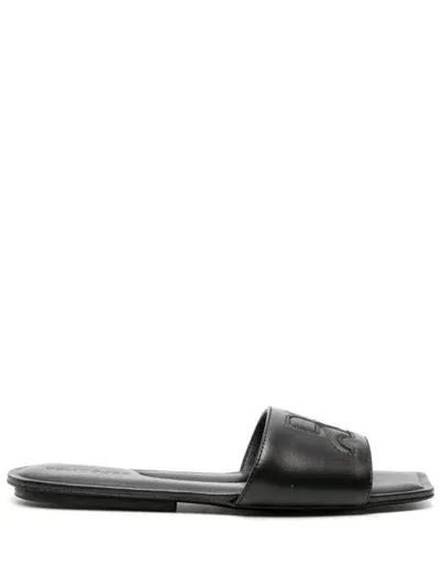 Courreges Pre Logo Leather Flat Sandals In Black