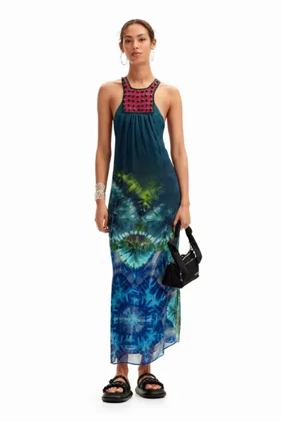 Desigual Long Arty Tie-dye Dress In Green