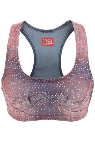 Diesel De-toppy-fsd Denim Cropped Top With Rhinestones In Blue