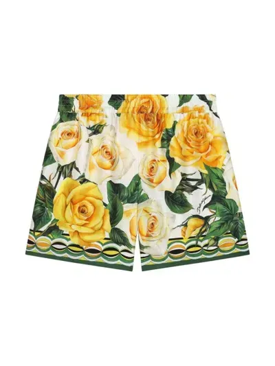 Dolce & Gabbana Kids' Rose-print Cotton Shorts In Yellow