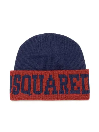 Dsquared2 Kids' Logo-intarsia Knitted Beanie In Blue