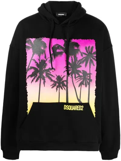 Dsquared2 Palm-tree Print Cotton Hoodie In Black