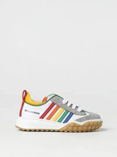 Dsquared2 Kids' Contrast-trim Striped Leather Sneakers In 白色