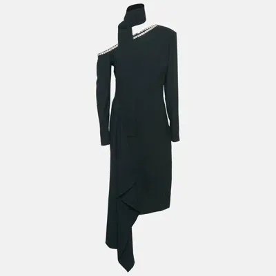 Pre-owned Elie Saab Black Chain Detail Jersey Asymmetric Midi Dress With Scarf M