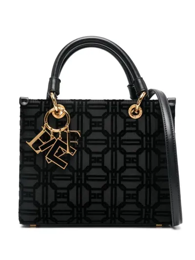 Elisabetta Franchi Jacquard Raffia Shopper In Black