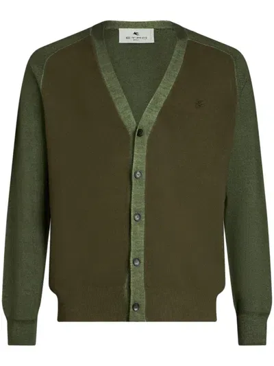 Etro Slim-fit Logo-embroidered Colur-block Virgin Wool Cardigan In Green