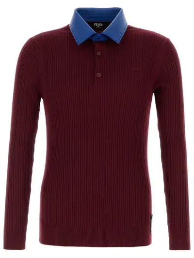 Fendi Ribbed Wool Polo Shirt In Red