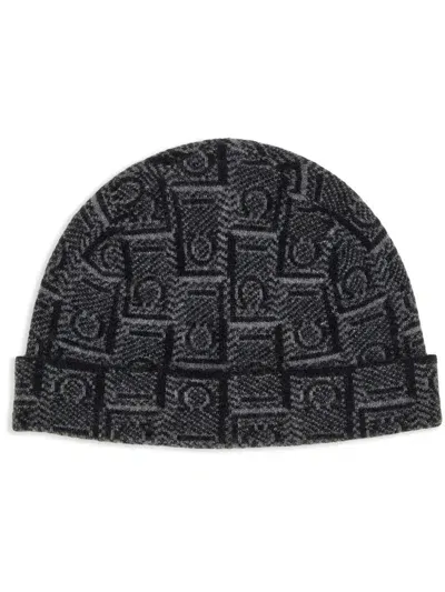 Ferragamo Monogram Patterned Beanie In Black