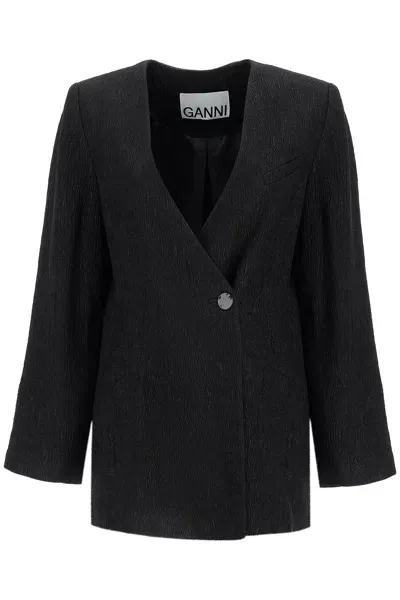 Ganni Blazer Boxy In Crepe Stretch In Black