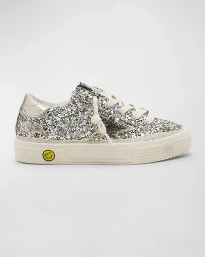 Golden Goose Kids' May Glittered Lace-up Sneakers In Platinum