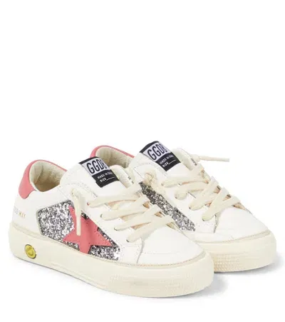 Golden Goose Kids' May Glitter Leather Sneakers In Silver/white/red