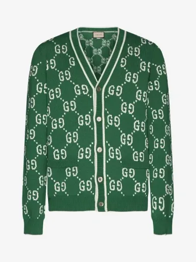 Gucci Gg Cotton Knit Cardigan In Green,ivory