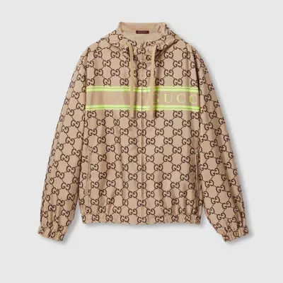 Gucci Light Nylon Gg Print Hooded Jacket In Beige,ebony