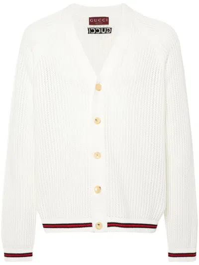 Gucci Web Detail Ribbed Cotton Cardigan In White