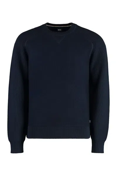 Hugo Boss Cotton Blend Crew-neck Sweater In Blue