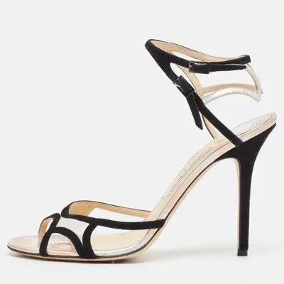 Pre-owned Jimmy Choo Black/silver Suede And Iridescent Leather Ankle Strap Sandals Size 41