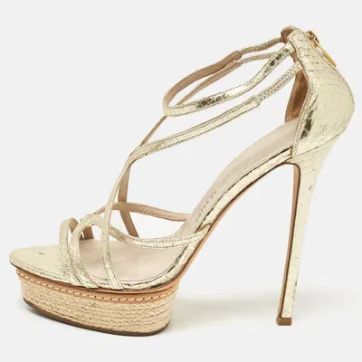 Pre-owned Le Silla Gold Leather And Embossed Python Espadrille Platform Strappy Sandals Size 40