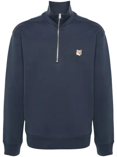 Maison Kitsuné Half-zip Sweatshirt With Fox Head In Blue