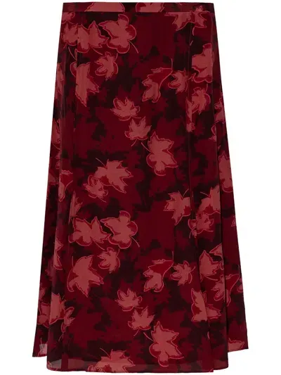 Maison Kitsuné Leaf-print Midi Skirt In Red