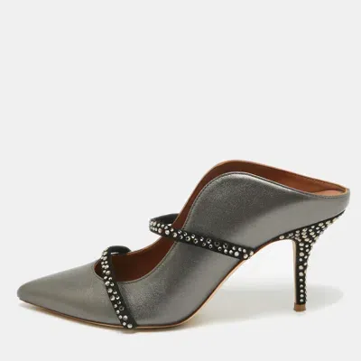 Pre-owned Malone Souliers Grey/black Leather And Suede Crystal Embellished Maureen Mules Size 41