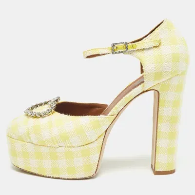 Pre-owned Malone Souliers Yellow/white Fabric Crystal Embellished Ankle Strap Sandals Size 40