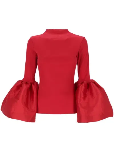 Marques' Almeida Heavy Satin And Rib Jersey High Neck Long Sleeve Top With Puff Sleeves Red