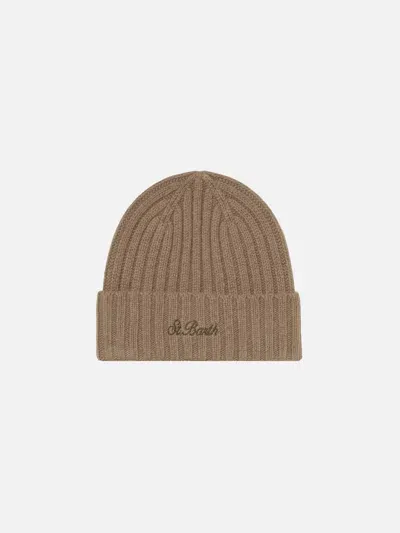 Mc2 Saint Barth Man Beige Beanie With St. Barth Embroidery In Brown