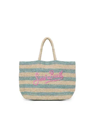 Mc2 Saint Barth Turquoise Striped Raffia Beach Bag In Green