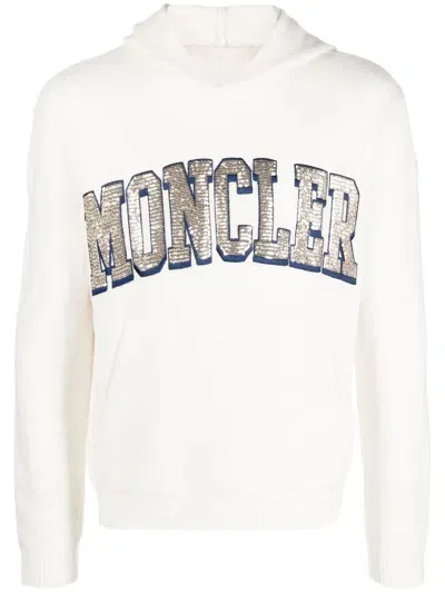 Moncler Sequin-logo Hoodie In Neutrals