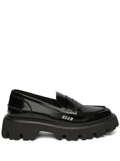 Msgm Chunky Eather Penny Loafers In Black