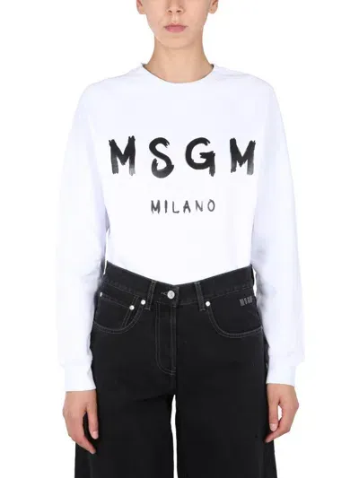 Msgm Sweatshirt With Brushed Logo Print In White