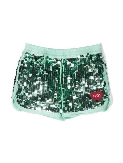 N°21 Kids' Sequin-embellished Logo Shorts In Light Green