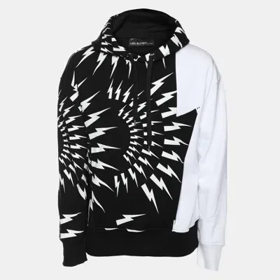 Pre-owned Neil Barrett Black/white Cotton Knit Lightning Bolt Print Hoodie S