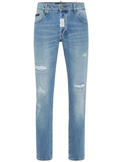 Philipp Plein Distressed-effect Straight-leg Jeans In Blue