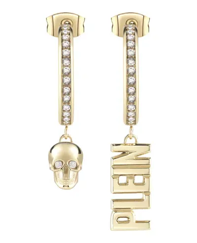 Philipp Plein Gold-tone Ip Stainless Steel 3d $kull & Plein Lettering Mismatch Charm Pave Hoop Earrings In Ip Yellow Gold