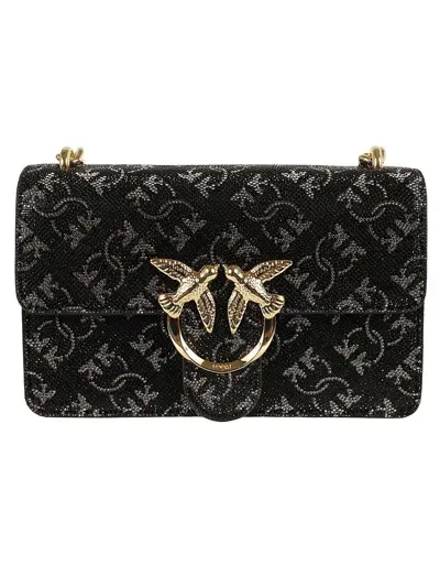 Pinko Mini Love One Monogram Embellished Shoulder Bag In Nero E Argento